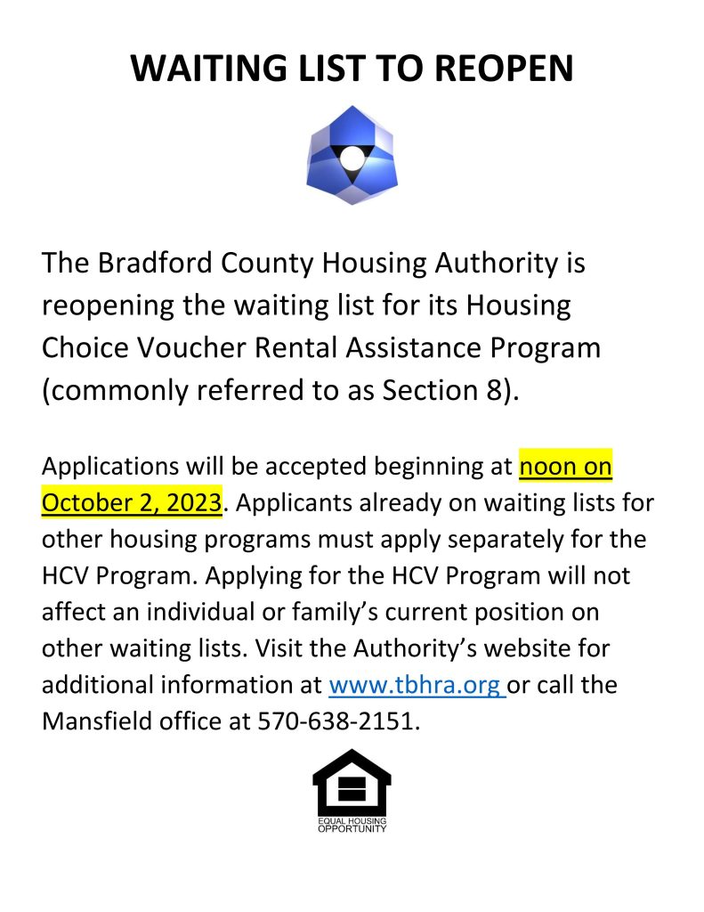 Housing Choice Voucher Waiting List Will Reopen Tioga Bradford Housing